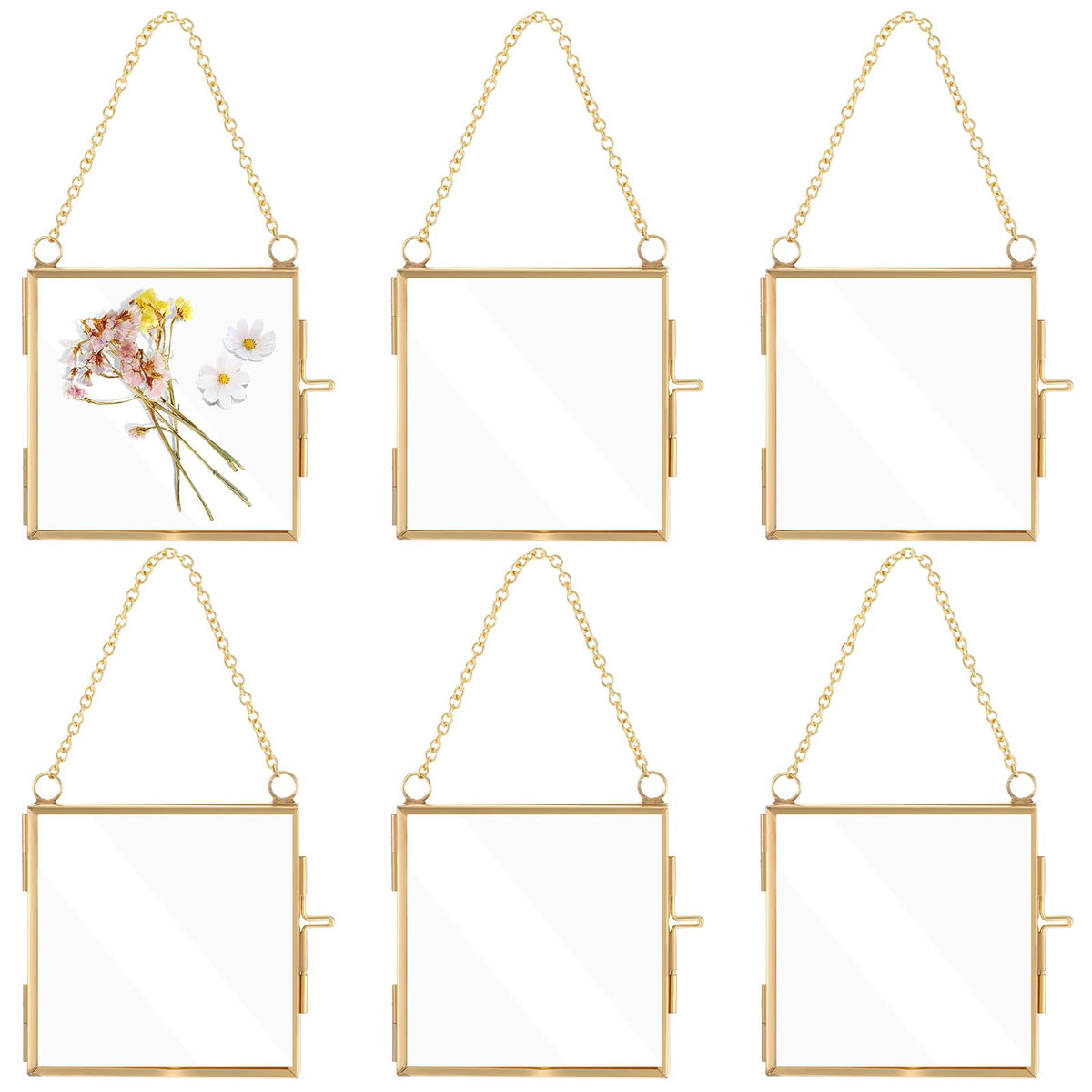 6pcs Glass Frames for Pressed Flowers Gold Mini Glass Hanging Frame 2.7x2.7x0.3 Inch Square Mini Metal Picture Frame Ornaments Clear Double Sided Glass Floating Frame Hanging Artwork Display Frame
