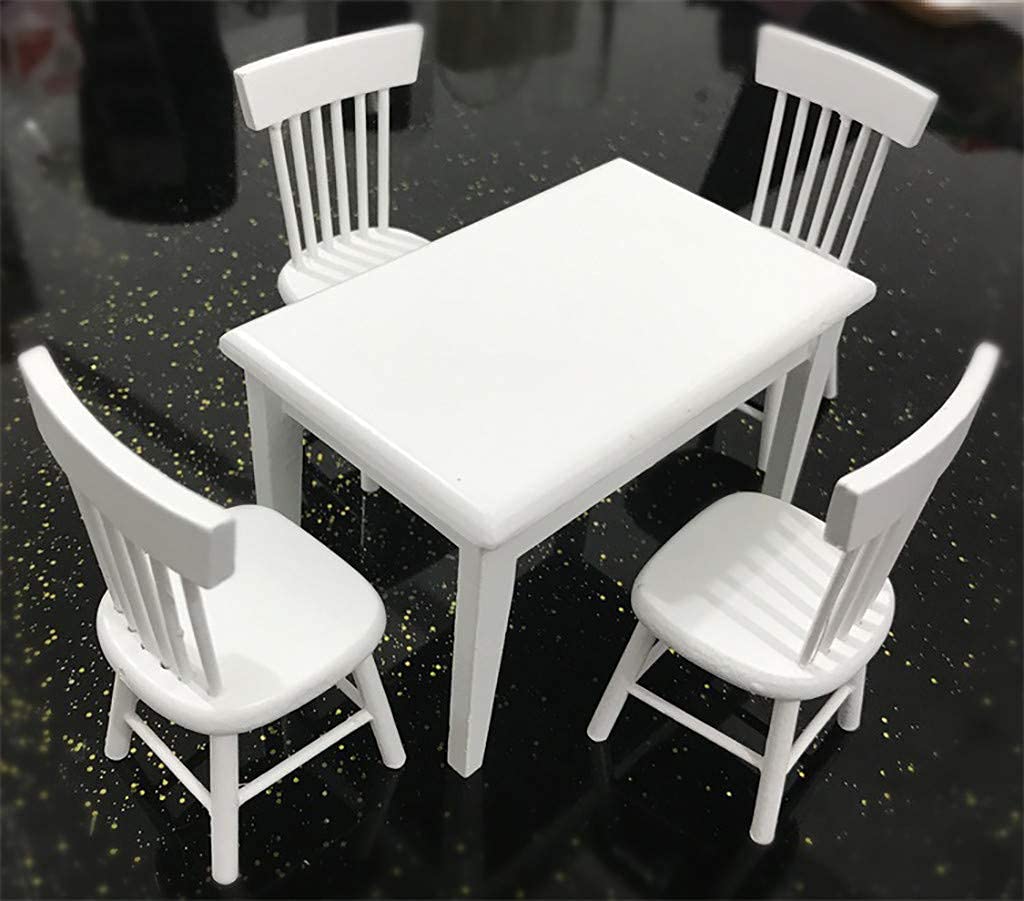 SXFSE Dollhouse Decoration Accessories, 1:12 Dollhouse Miniature Furniture Wooden White Dining Table Chair Model Set