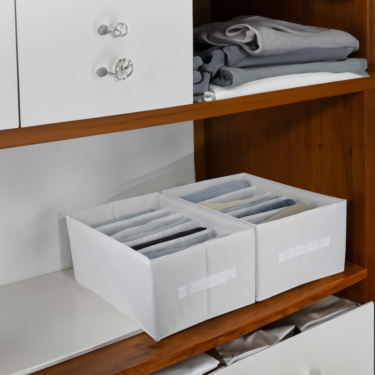 Extra Large Clothes Closet Organizer 6 Compartments for Jean Sweater Sheets to Shirt - Divided Clothing Storage Boxes for Closet, Wordrobe, Bedroom, Shelf (4pc White)