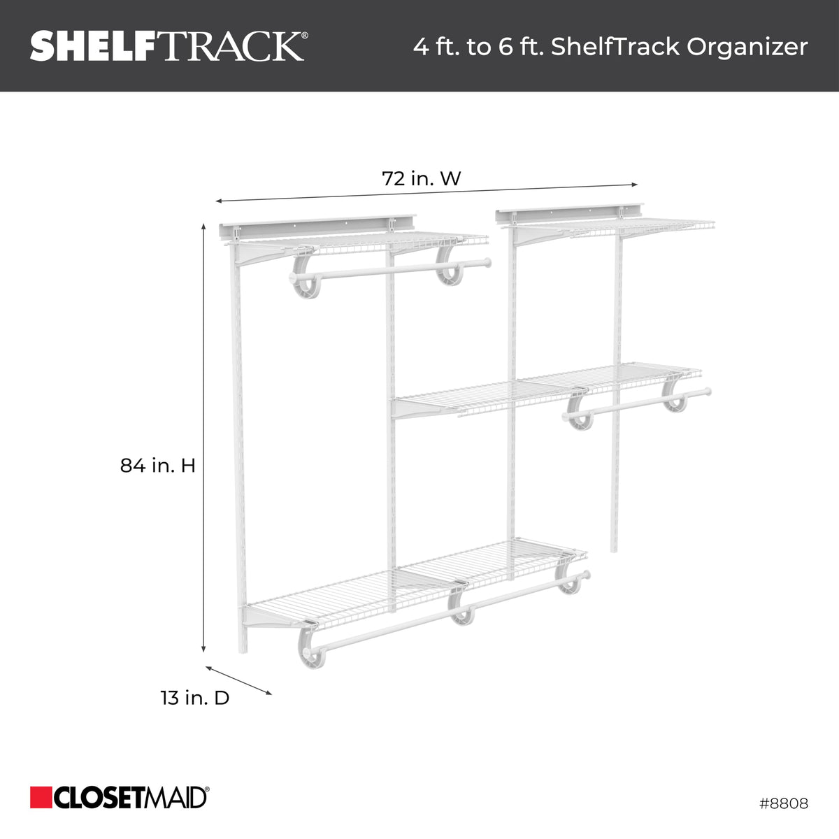 ClosetMaid ShelfTrack Wire Closet Organizer System, Adjustable from 4 to 6 Ft., With Shelves, Clothes Rods, Hardware, Durable Steel, White