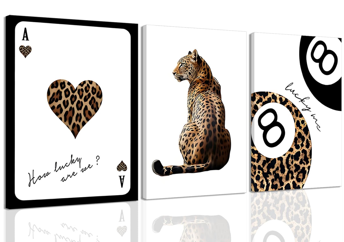 Trendy Leopard Wall Art Set of 3 Cheetah Print Canvas Wall Decor Lucky 8 Ball Paintings Posters Prints Preppy Room Aesthetic Pictures Artwork for Living Room Bedroom Apartment Dorm 12x16inch Framed