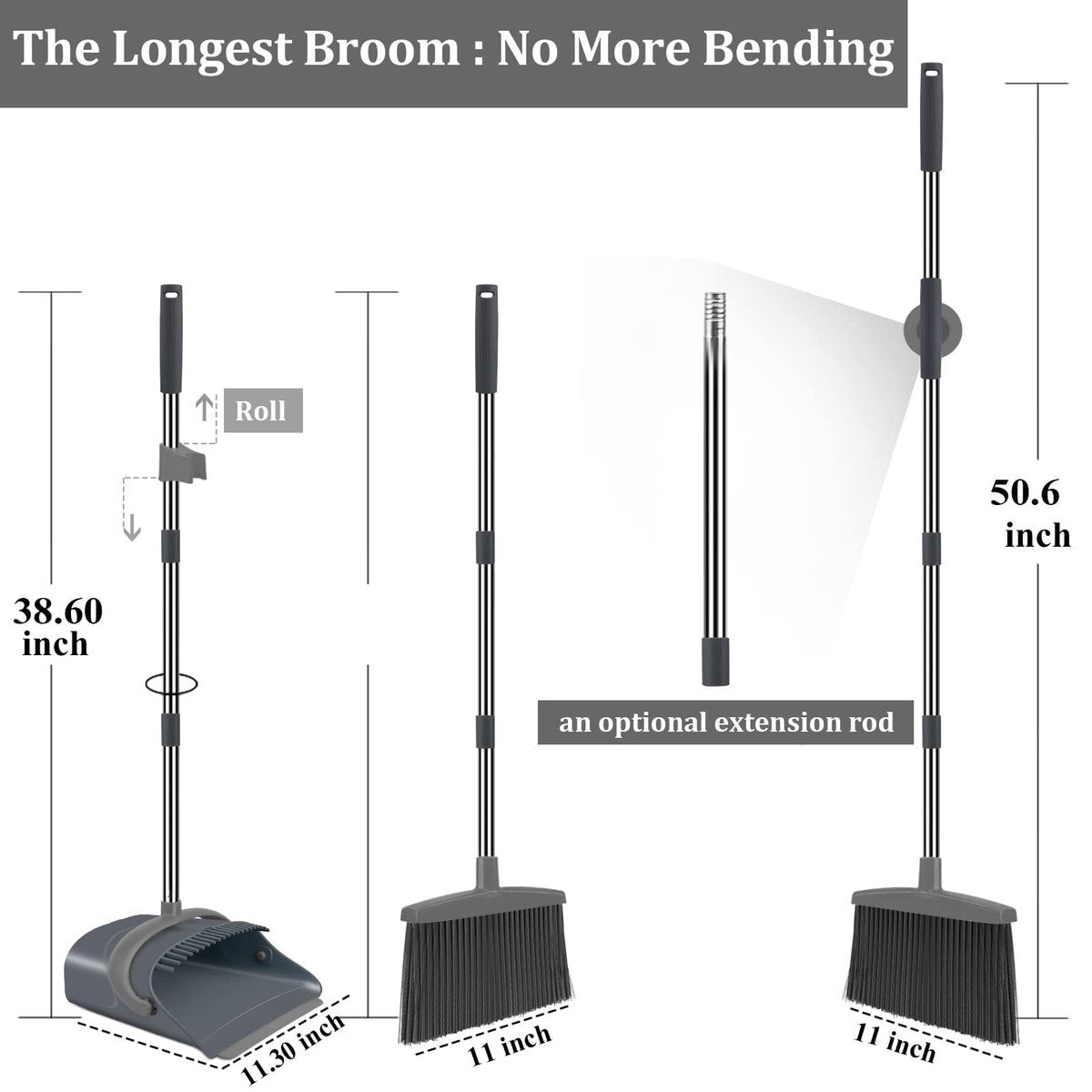 Ivandar Broom and Dustpan Set, Dust pan with Long Handle, Broom with Dustpan Combo Set, Broom and Dustpan for Home, Indoor or Outdoor Cleaning Tool (Deep Gray&Light Gray)