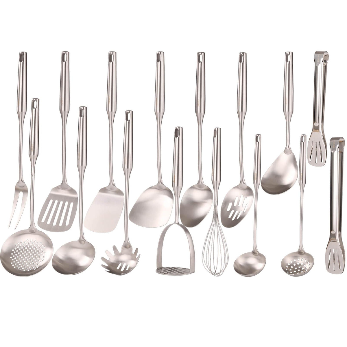 18/10 Stainless Steel Cooking Utensils Set - 16 PCS All Metal Small & Large Kitchen Spoons, Serving Utensils - Whisk, Masher, Fork, Tongs, Solid/Slotted Spoon, Spatula, Turner, Ladle, Skimmer, Pasta