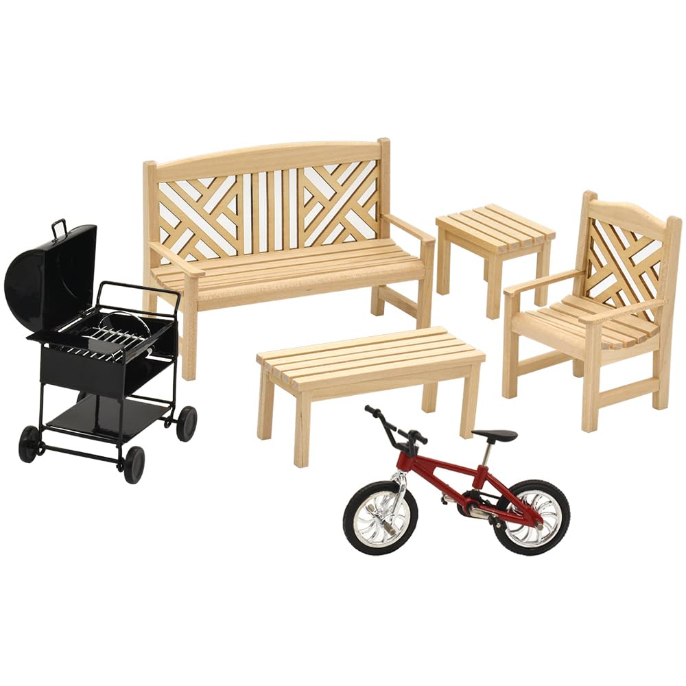iLAND Dollhouse Furniture and Accessories on 1:12 Scale incl Dollhouse Patio Tables & Garden Chairs & BBQ Grill & Mini Bike (Modern 6pcs)
