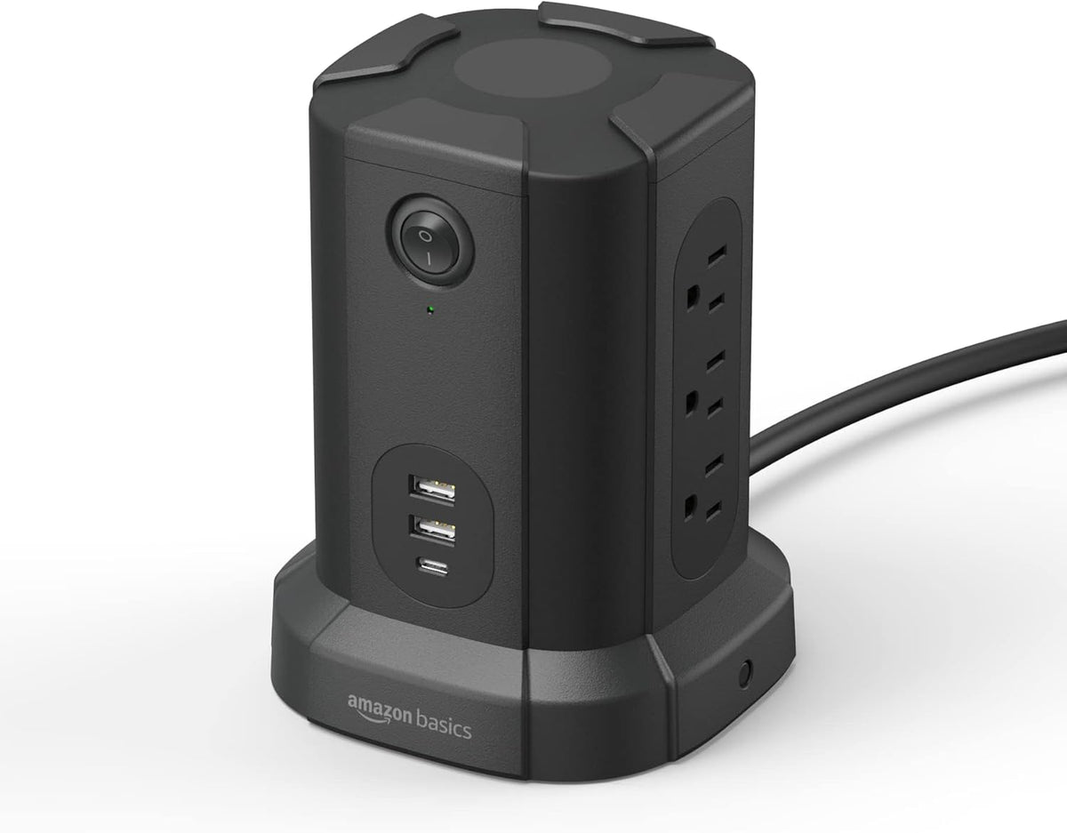 Amazon Basics 1080J, 9 (2 1 15A, 6ft Power Strip Tower Charging Station, Surge Protector Outlet with Integrated USB