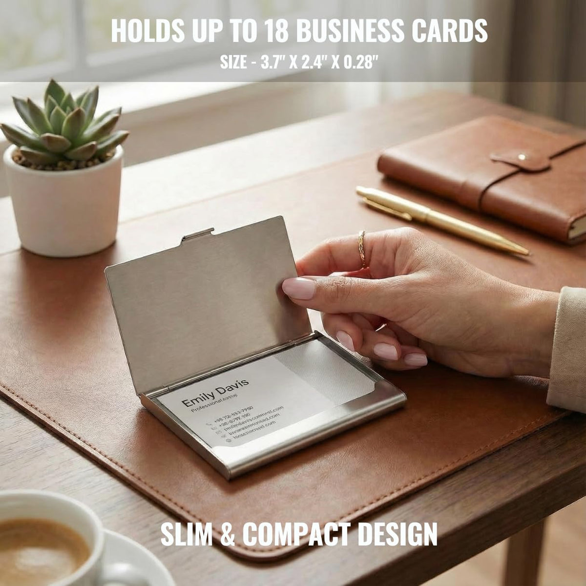 Business Card Holder, for Men and Women, Slim Minimalist Design Case, Stainless Steel Metal, Fits 18 Business Cards in Pocket