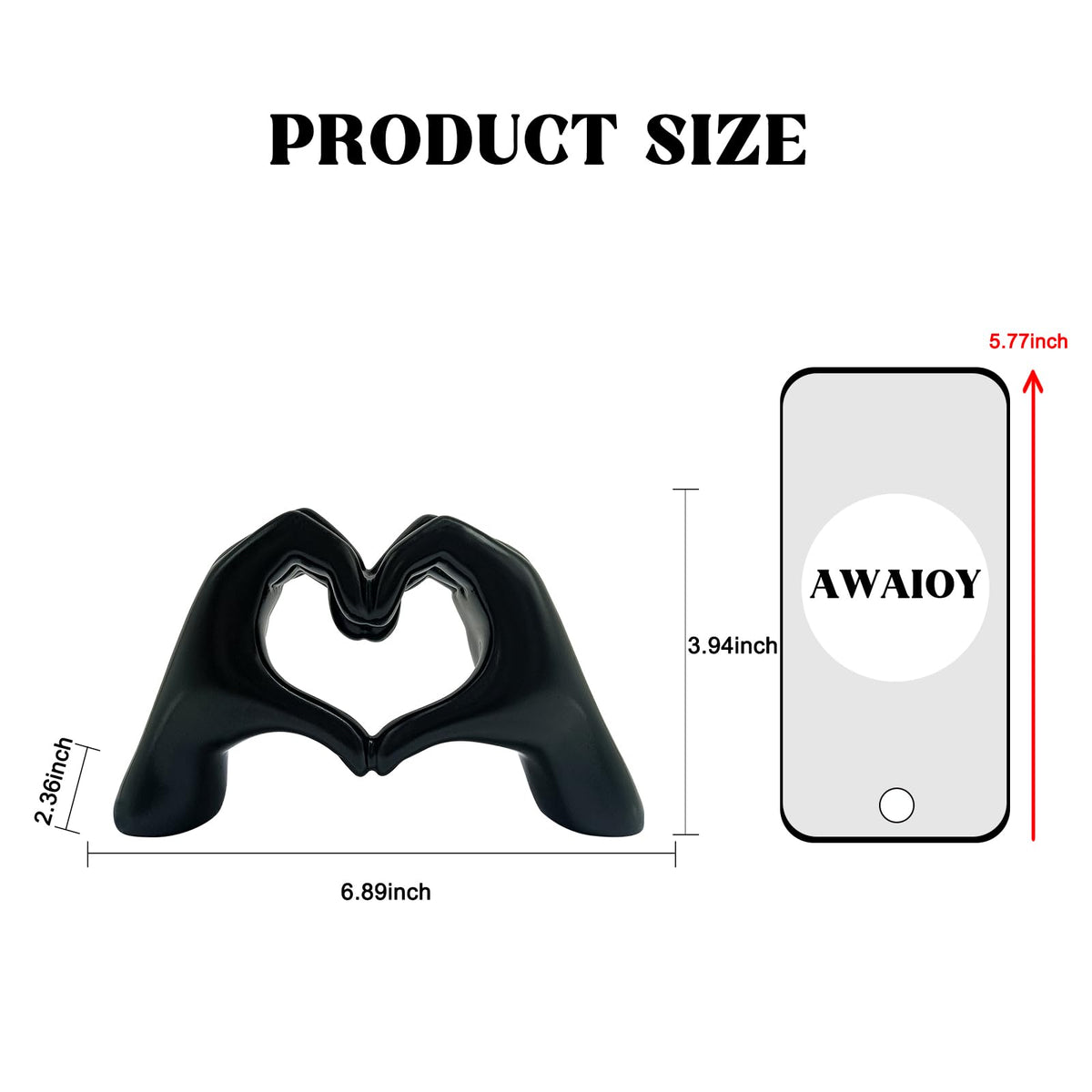 AWAIOY Black Heart Hands Sculpture Medium 6.9" Resin Love Statue, Modern Dark Aesthetic Shelf Decor for Teen Bedroom, Unique Romantic Figurine Gifts for Women Him Art