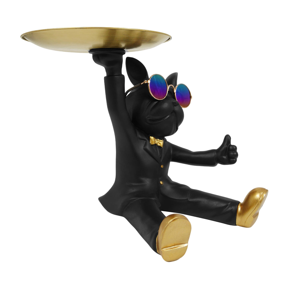 Cozy Villa French Bulldog Tray Statue, Black Frenchie Sculpture with Gold Tray for Entrance Coffee Table Décor, Dog Key Holder Jewelry Trays