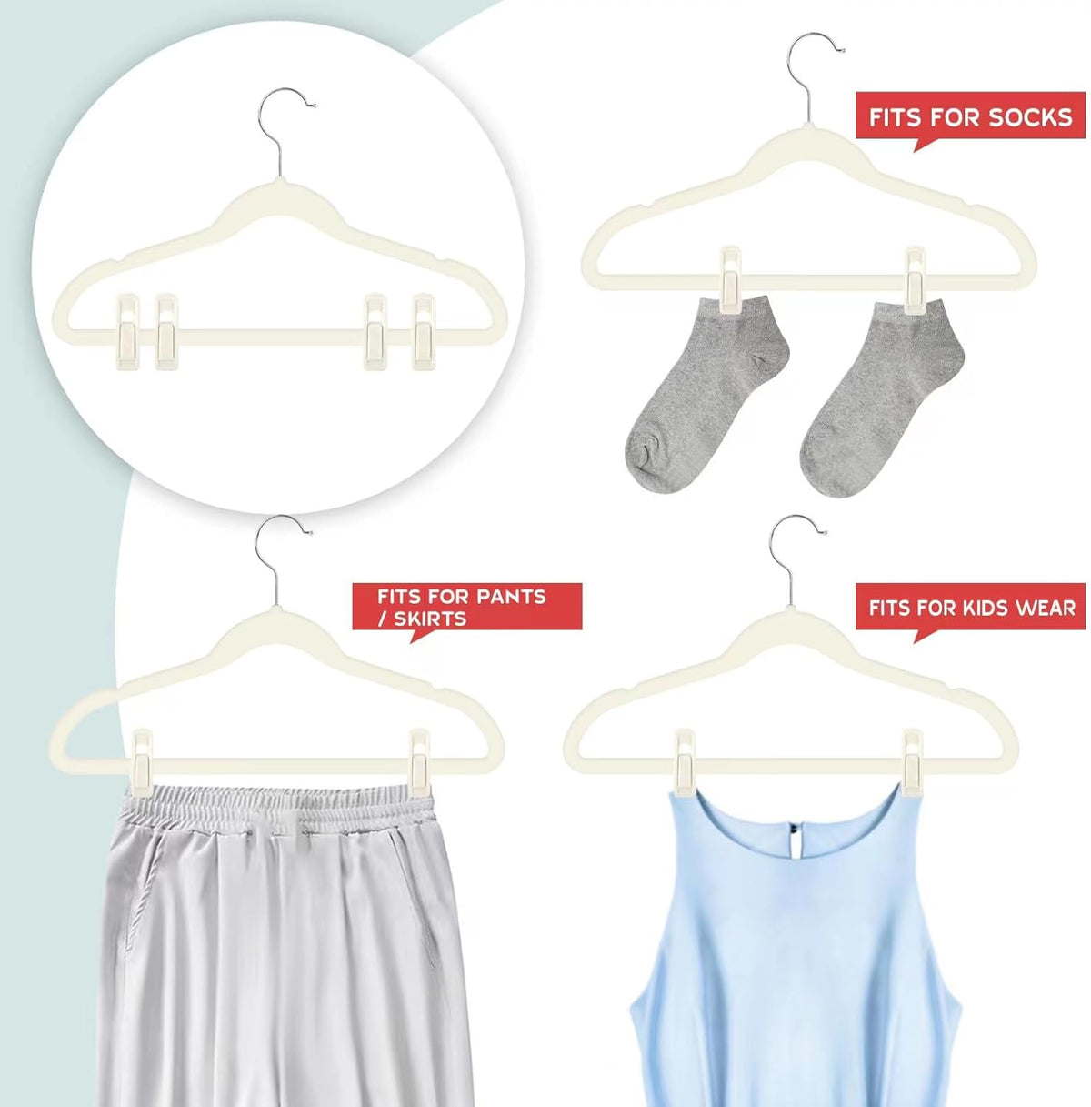 Tinfol Ivory Velvet Hanger Clips - 24 Pack Large Opening Clips for Slim-Line Clothes Hangers