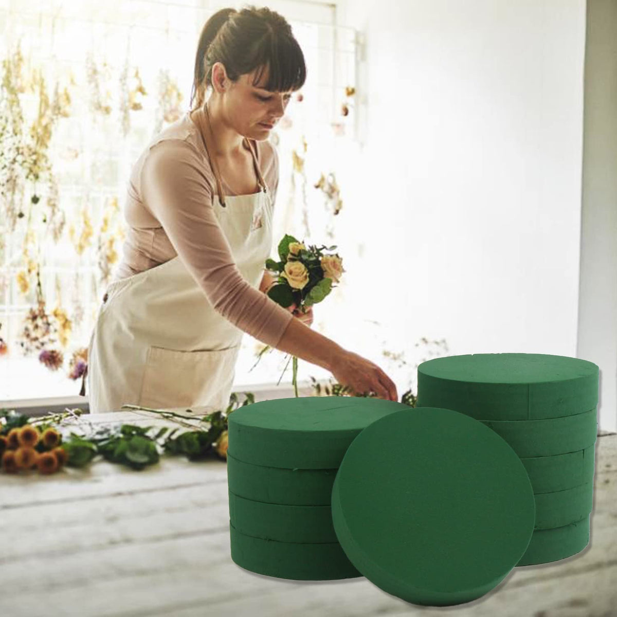 KIMOBER 10PCS 8" Large Round Floral Foam Bricks,Wet Green Foam Blocks for Flower Arrangement,Wedding Decoration
