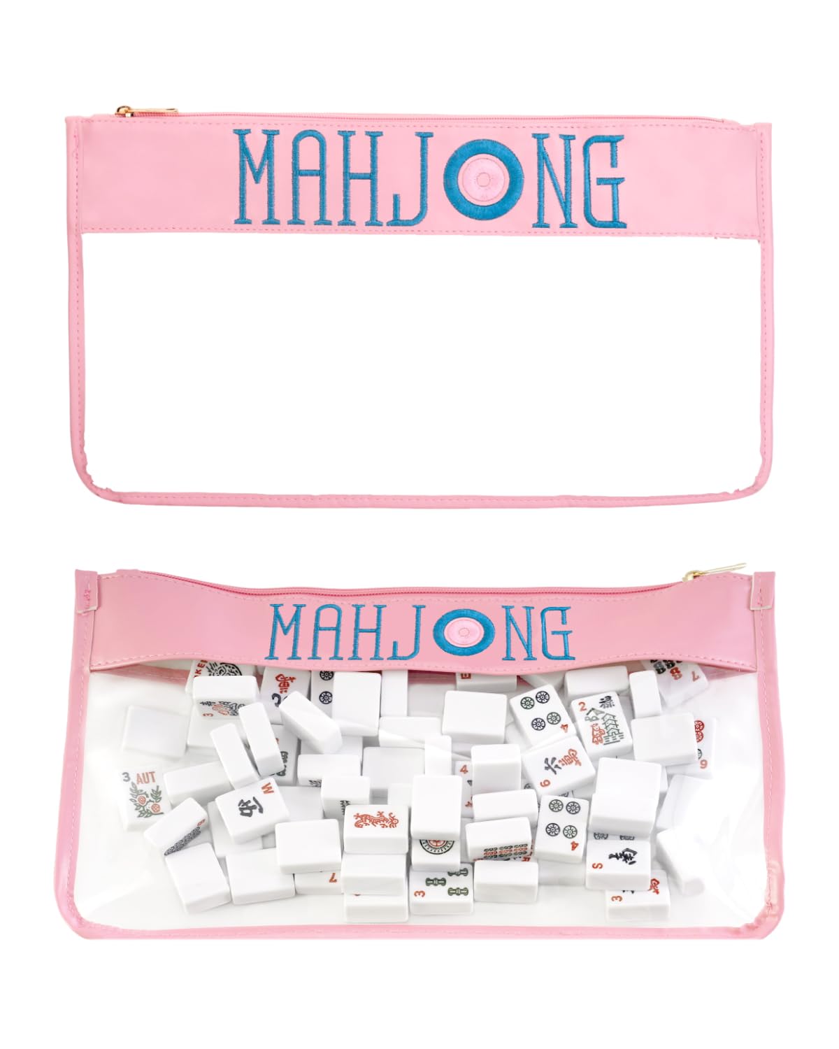 FUYIHGL® American Mahjong Tiles Bag with Zipper - Pink Empty Clear Carrying Case Only - Tiles Storage Holder with Embroidery Lettering - Up to 166 Tiles - Mah Jongg Accessories and Gifts for Women