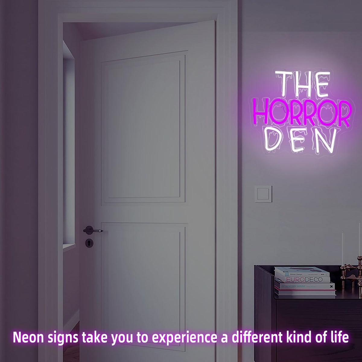 Jeanchrl The Horror Den Neon Sign Halloween Neon Lights for Teen Bedroom Horror LED Signs USB Powered Scary Neon Light Sign for Party Game Room Man Cave Spooky Neon Wall Art Unique Gift for Boys