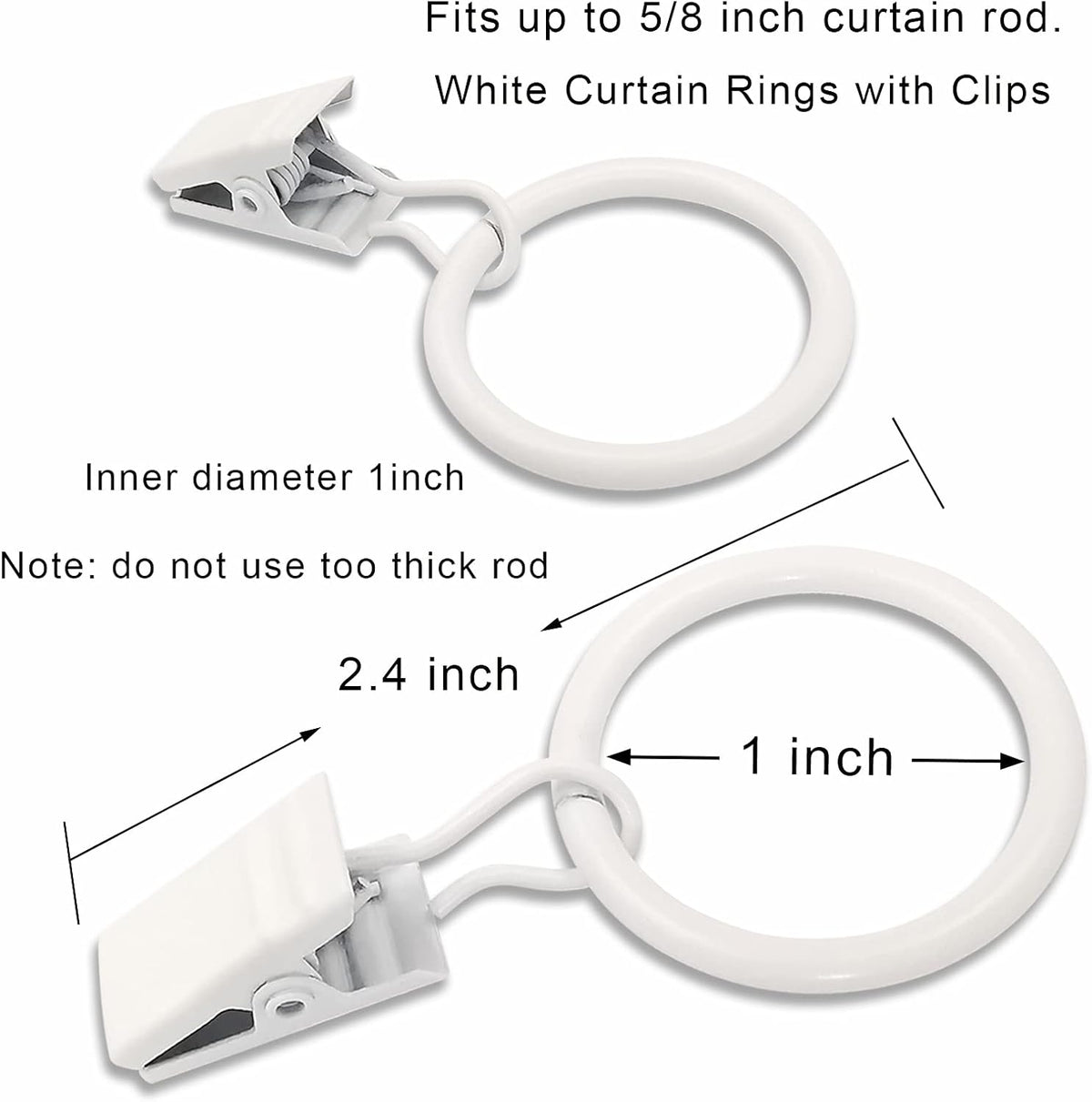 Skiennix 44 Pack Metal Curtain Rings - Durable Drapery Clips with 1 Inch Inner Diameter, White