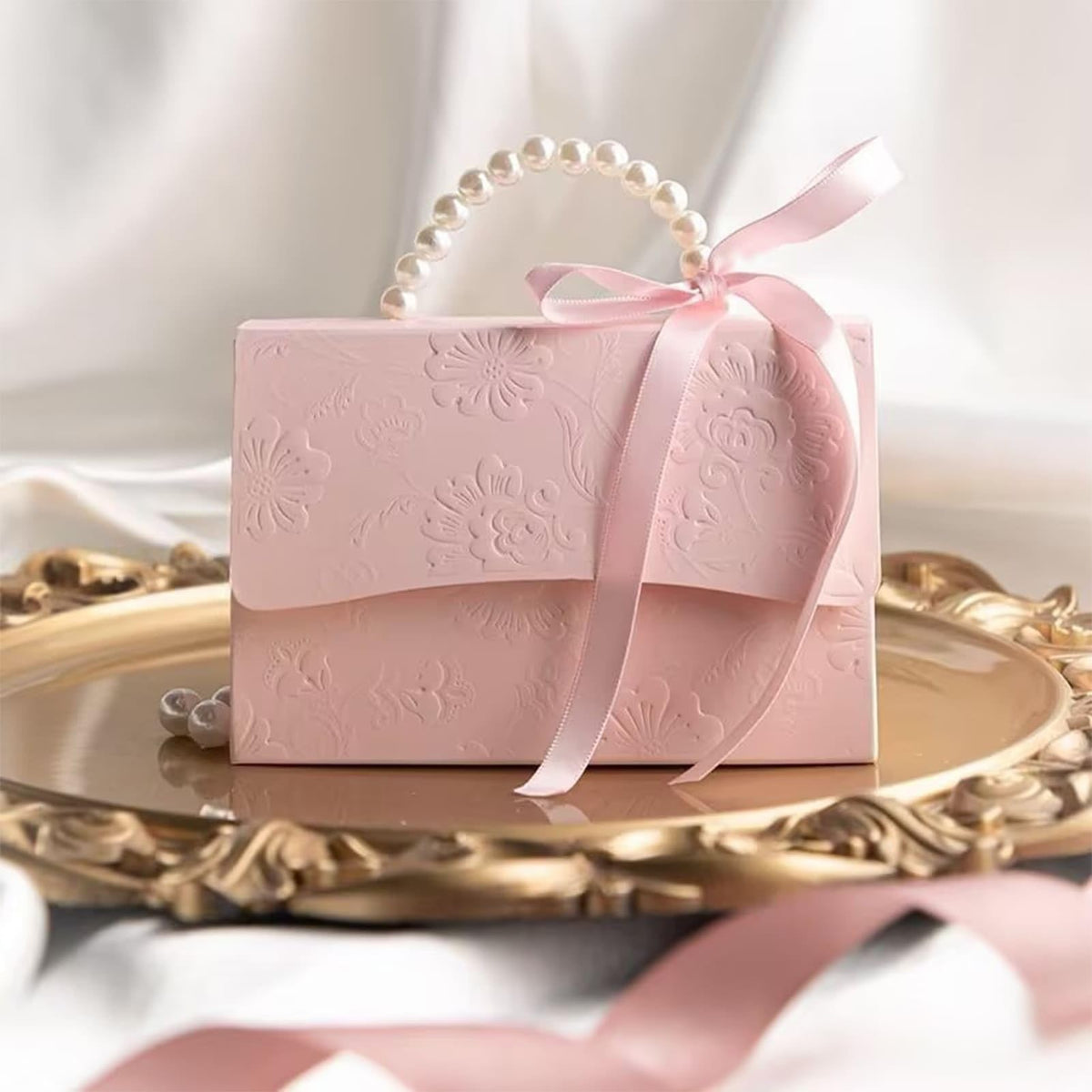 motoeye 10Pcs Pink Pearl Paper Gift Boxes for Wedding Favors, Elegant Bridesmaid and Party Favor Boxes with Ribbon, Ideal for Bridal Shower, Baby Shower, and Special Occasions (Pink, L)