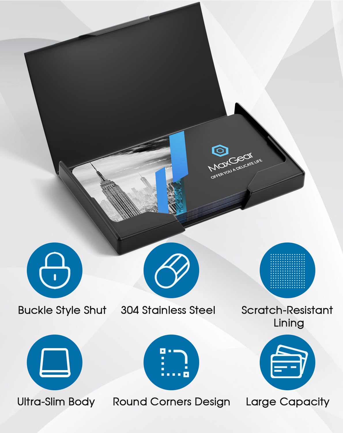 MaxGear Heavy-Duty Metal Business Card Holder for Men & Women, Stainless Steel & ABS Card Case for Business Cards, Slim Purse Name Cards Holders with Black Titanium Coating, Buckle Style Shut, Black