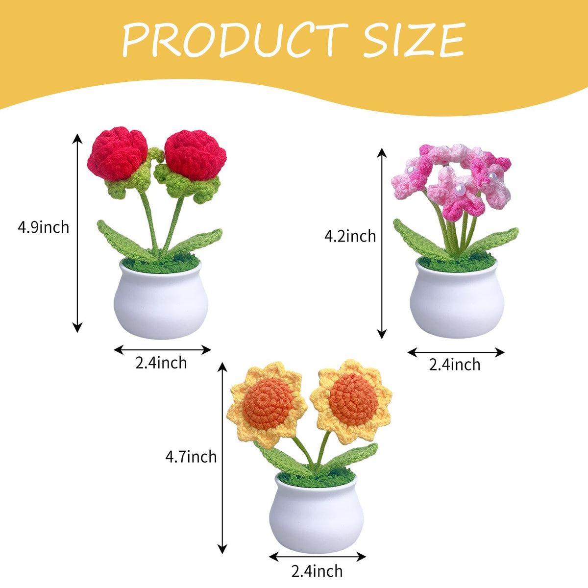 Rimvoe 3pcs Crochet Flower Pot, Sunflower Red Rose Forget Me Not Small Potted Flowers, Mothers Day Valentines Gifts for Mom Wife, Cute Desk Decor for Women Office Car Dashboard