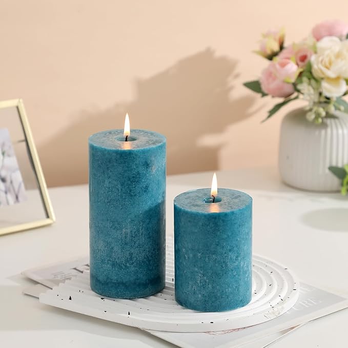 3x6 inch Blue Pillar Candles Set of 3, Unscented Pillar Candle, Dripless and Smokeless Large Candles, Candle for Home Decor, Dinner Table,Weddings, Holidays