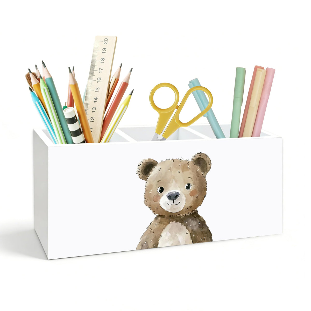 KJULYW Brown Bear Pen Holder for Desk, Bear Lover Gifts, Cute Forest Animal Wooden Box Pencil Pen Holder Organizer for Kids Room Home Office Desk Accessories