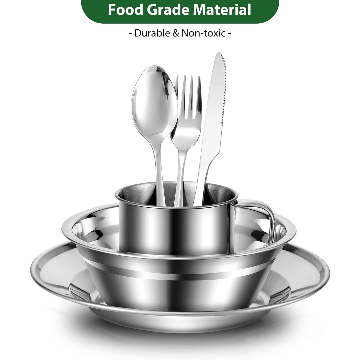 Odoland 29pcs Stainless Steel Utensils Camping Mess Kits with Bowls Plates Cups Forks Spoons and Knives for 4, Camping Cutlery Set for Backpacking, Outdoor Hiking and Picnic