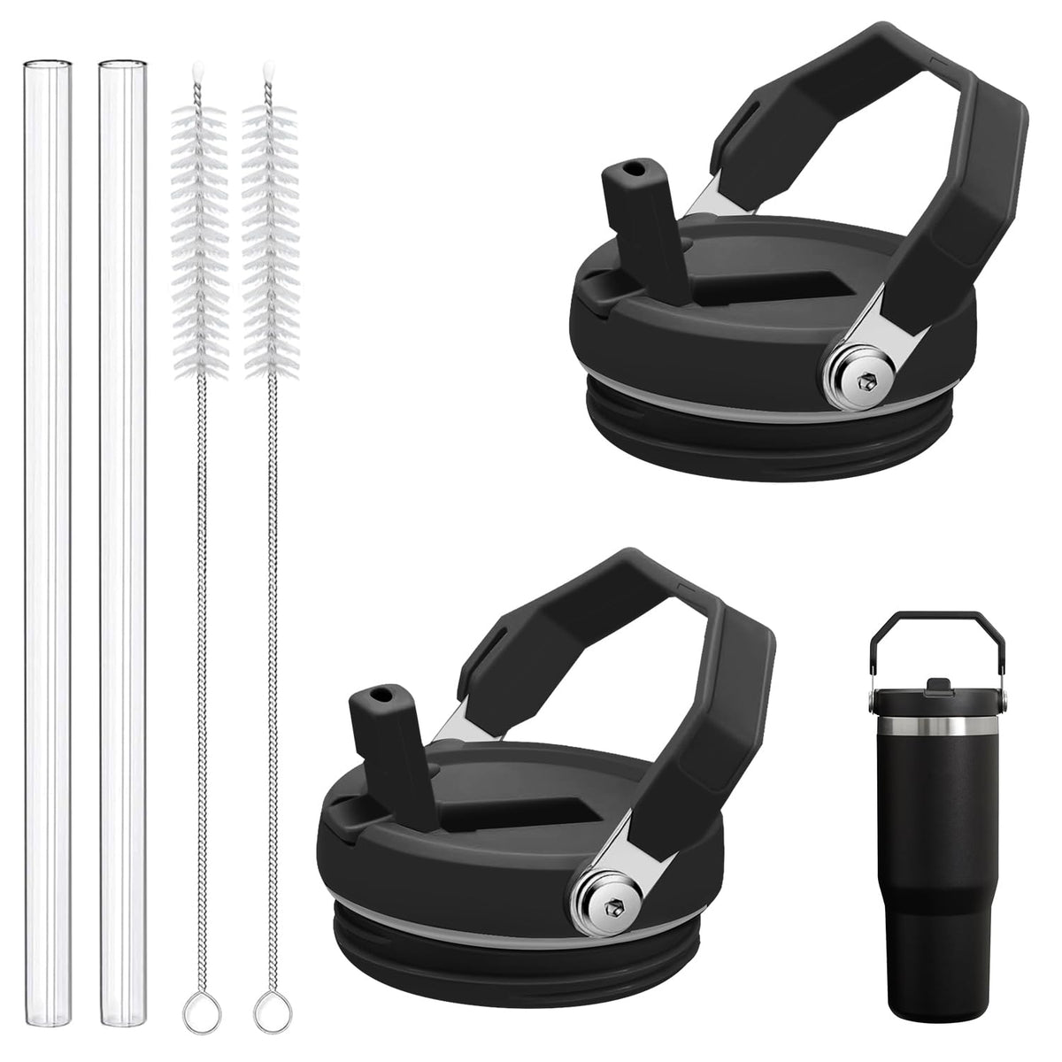 2-Pack Replacement Flip Straw Lids for Stanley IceFlow Tumbler 30oz and 20oz, Spill-Proof Cap with 2 Reusable Straws & 2 Cleaning Brushes, BPA-Free, Easy to Clean(Black)
