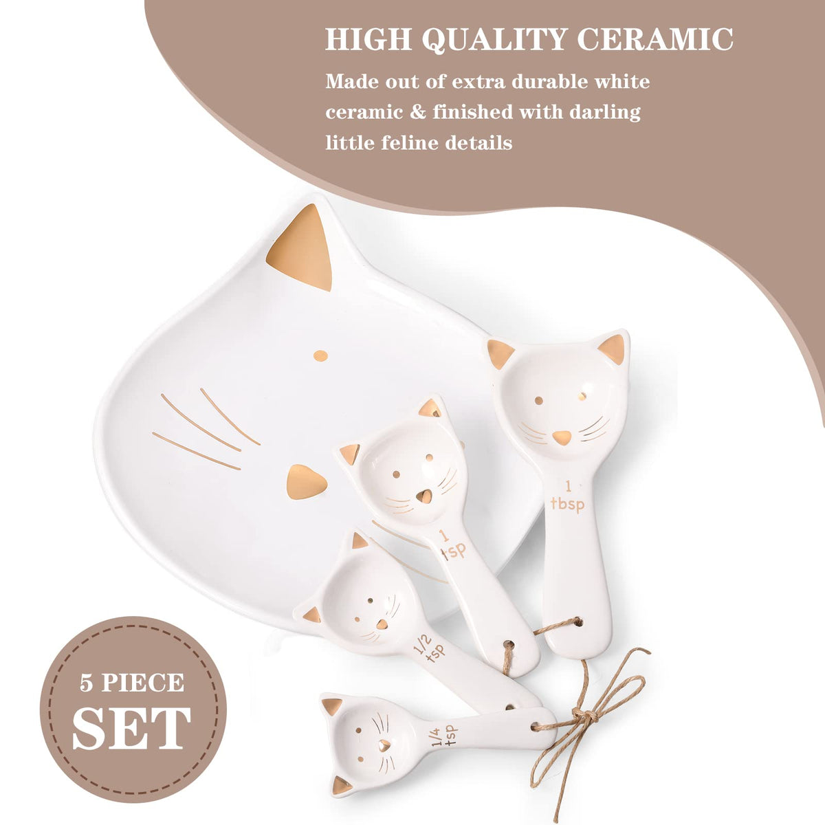 Patelai 5 Pcs Cat Measuring Spoons Set Kitchen Ceramic Counter Cat Ceramic Soup Spoon for Christmas Women Gift(White)