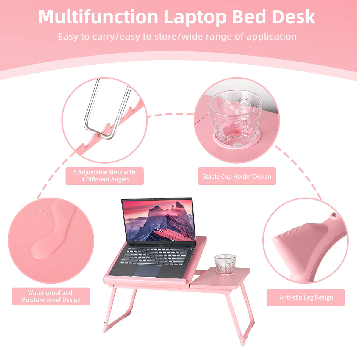 CloudTrip Laptop Desk for Bed or Couch, Lap Desk, Woking in Bed Desk, Home Office Desks, Breakfast Tray, Desk with Cup Holder, Watching Movies in Bed, Laptop Stand for Bed, Fordable Legs Desk (Pink)