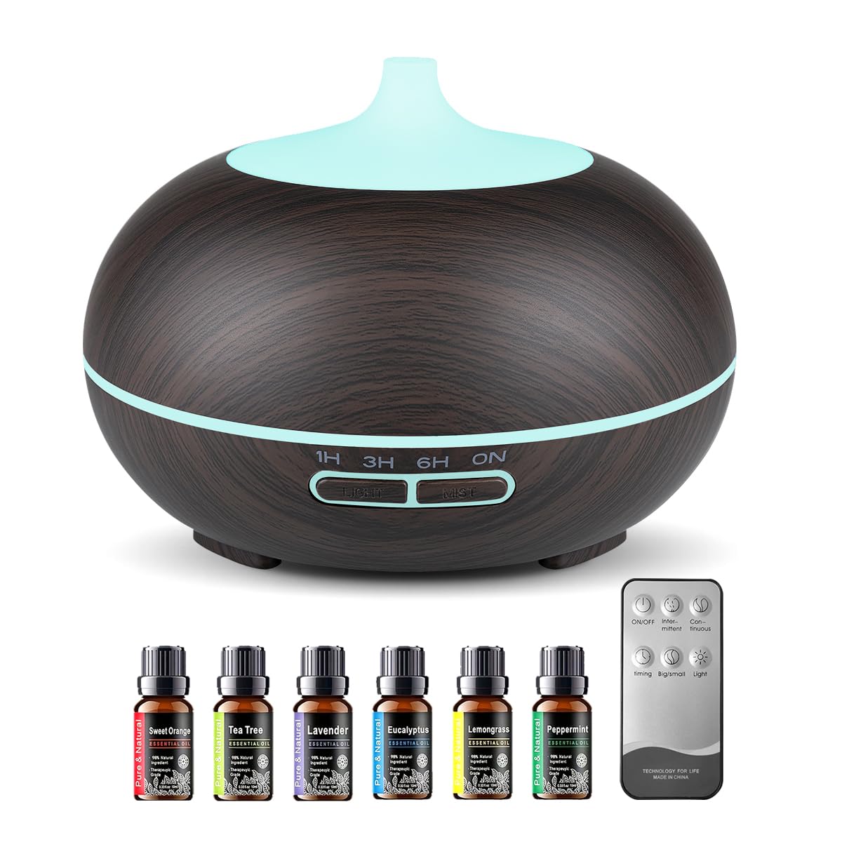 550ml Large Capacity Essential Oil Diffuser with 6 Essential Oil Set, Aromatherapy Ultrasonic Air Humidifier with Timer Setting, 7 Color LED Night Light and Waterless Auto-Off Functions for Home, Spa