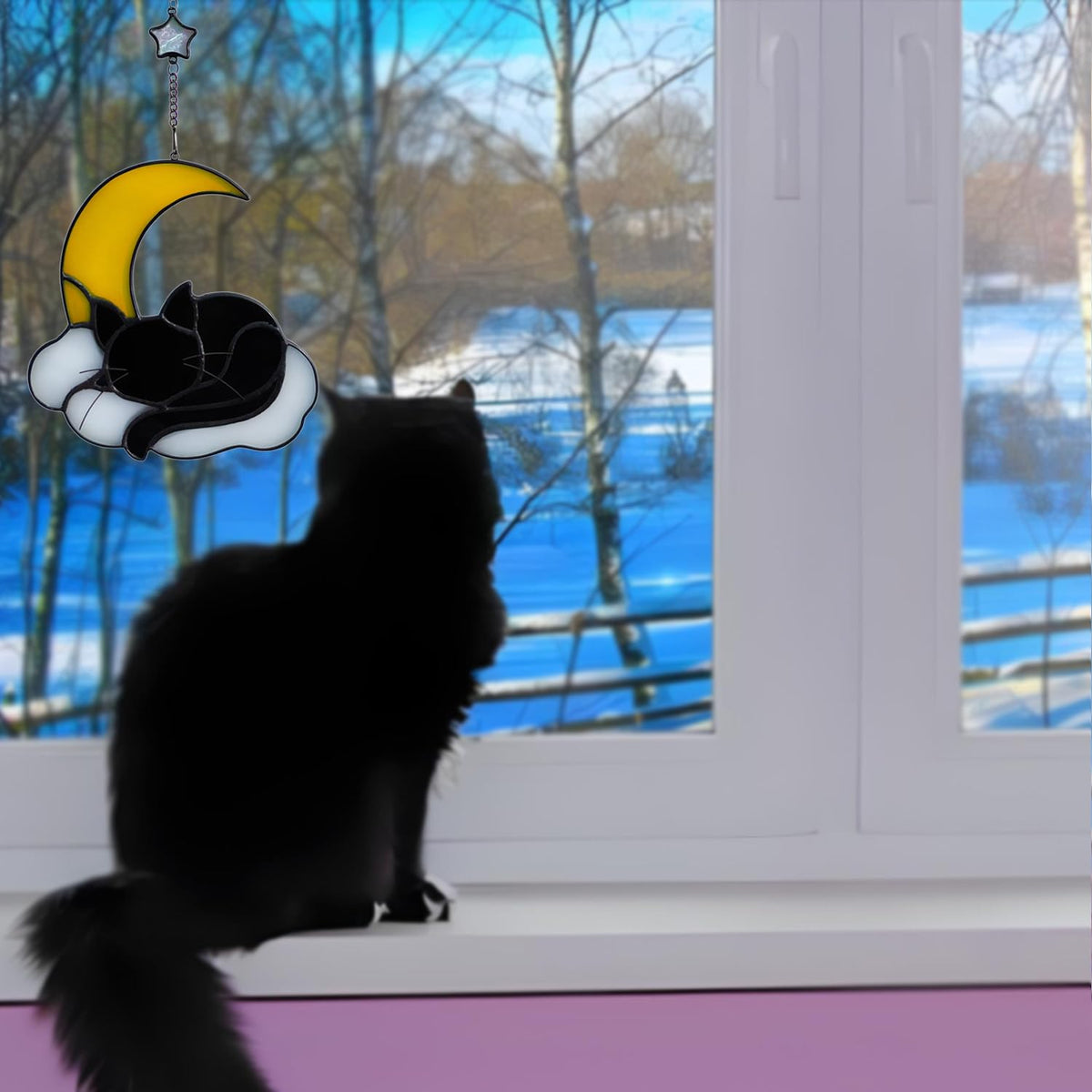 Sleeping Cat Stained Glass Windown Hanging,the Black cat Sleeping Under the Companionship of Stars and Moon,Beautiful Handcrafted Sun Catcher Gifts for Daughter,Mothers Day