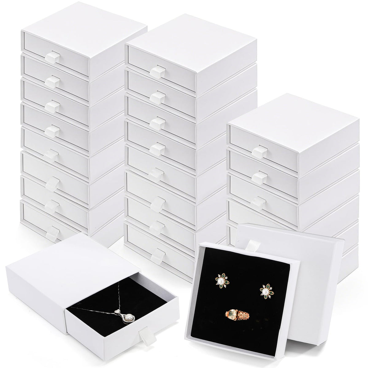 WRINGKIT 24 Pack White Cardboard Jewelry Gift Boxes Bulk, Square Jewelry Gift Boxes 3.5x3.5x1.2 Inch, Jewelries Packing Box with Lids Foam Cushion for Necklace Earring Bracelet Ring Display Storage