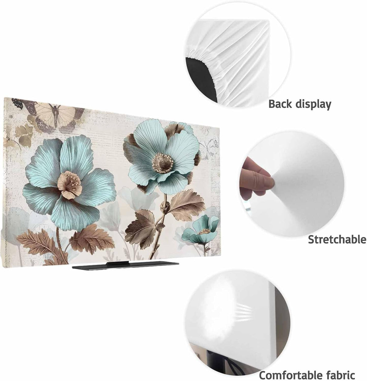 Yukro 85 Inch, 74"x42" Victorian Style Broccoli Butterfly Indoor TV Dust Cover, Blue Flowers Plant Elastic TV Dustproof