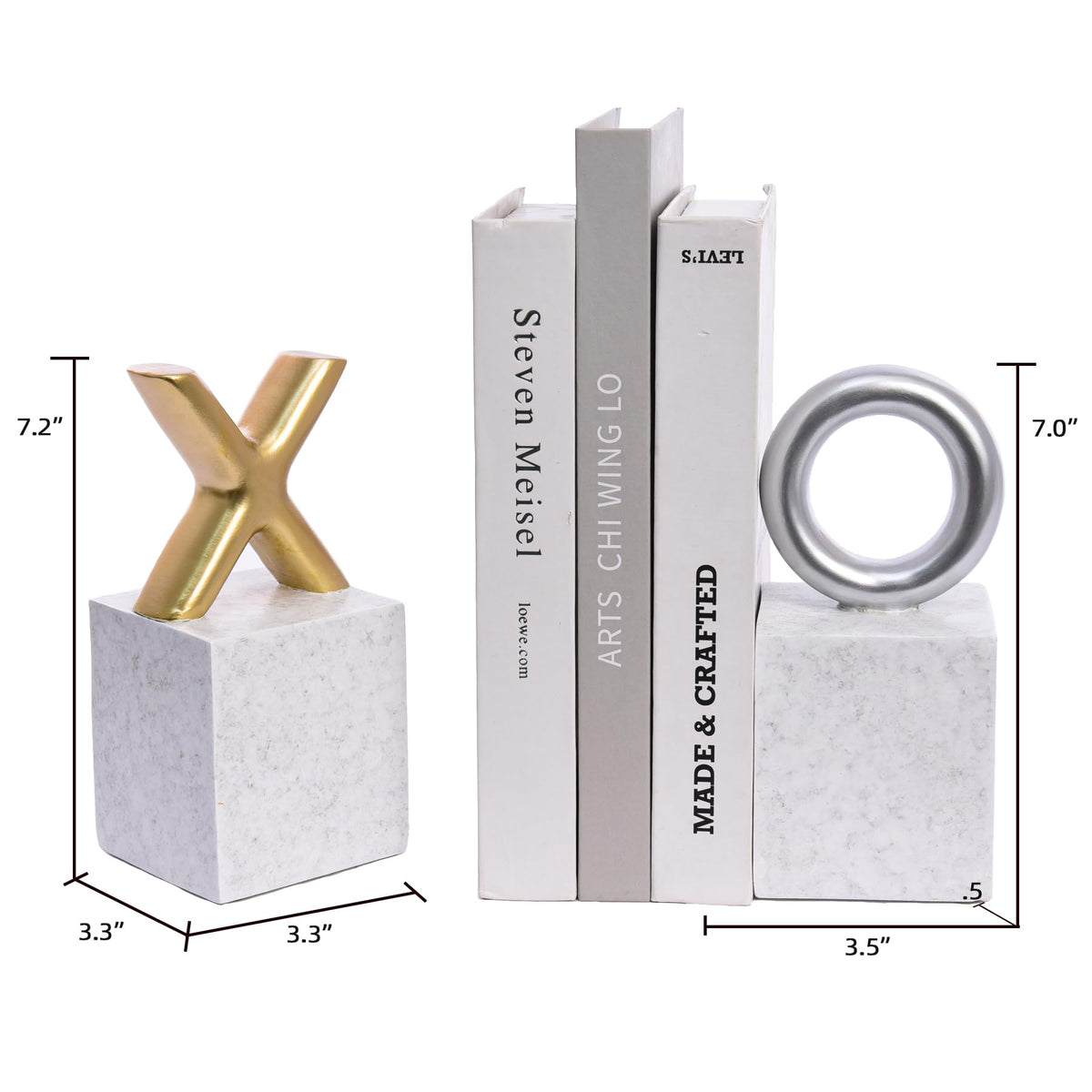 Kakizzy Modern Decorative Bookends,Resin Book Ends for Shelves,Unique X and O Design Book Stopper Decor for Desk Home,Non-Slip Book Holder Shelf Decor,Gifts for Valentine's Day (Gold/Silver)