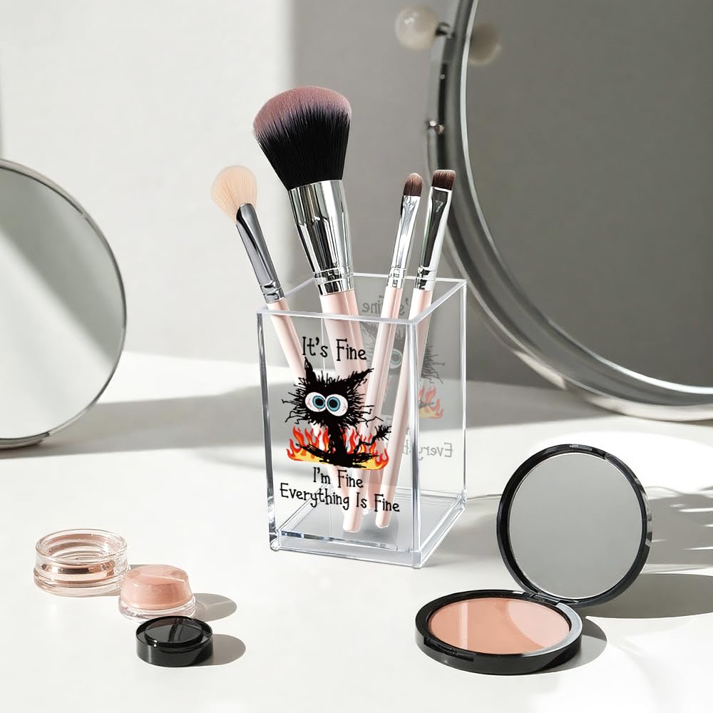 Vgrti It's Fine I'm Fine Acrylic Cosmetic Pencil Pen Holder Cup, Funny Black Cat Pen Holder Cup, Cat Lover Gift for Women Men, Office Sarcastic Gifts for Women Men Colleague Boss