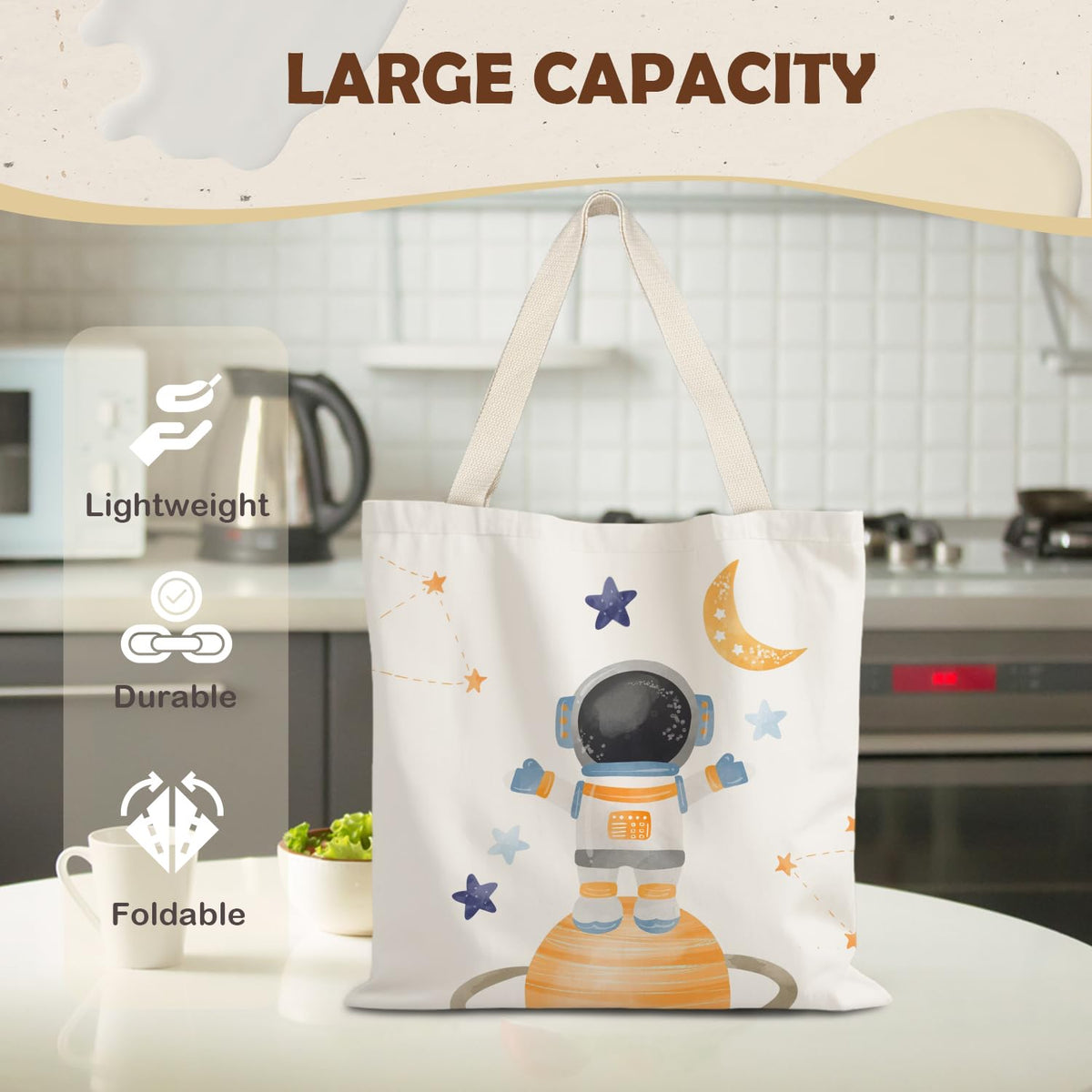 URLLUAE Space Gifts Tote Bag, Cute Astronaut Planet Canvas Tote Bag, Space Themed Gifts for Lovers Women, Reusable Grocery Bags Shopping Bag