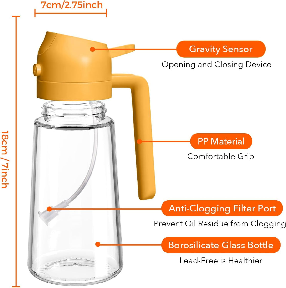 YARRAMATE Glass Olive Oil Sprayer - 2-in-1 Food Grade Premium Dispenser | 16oz Capacity (Orange)