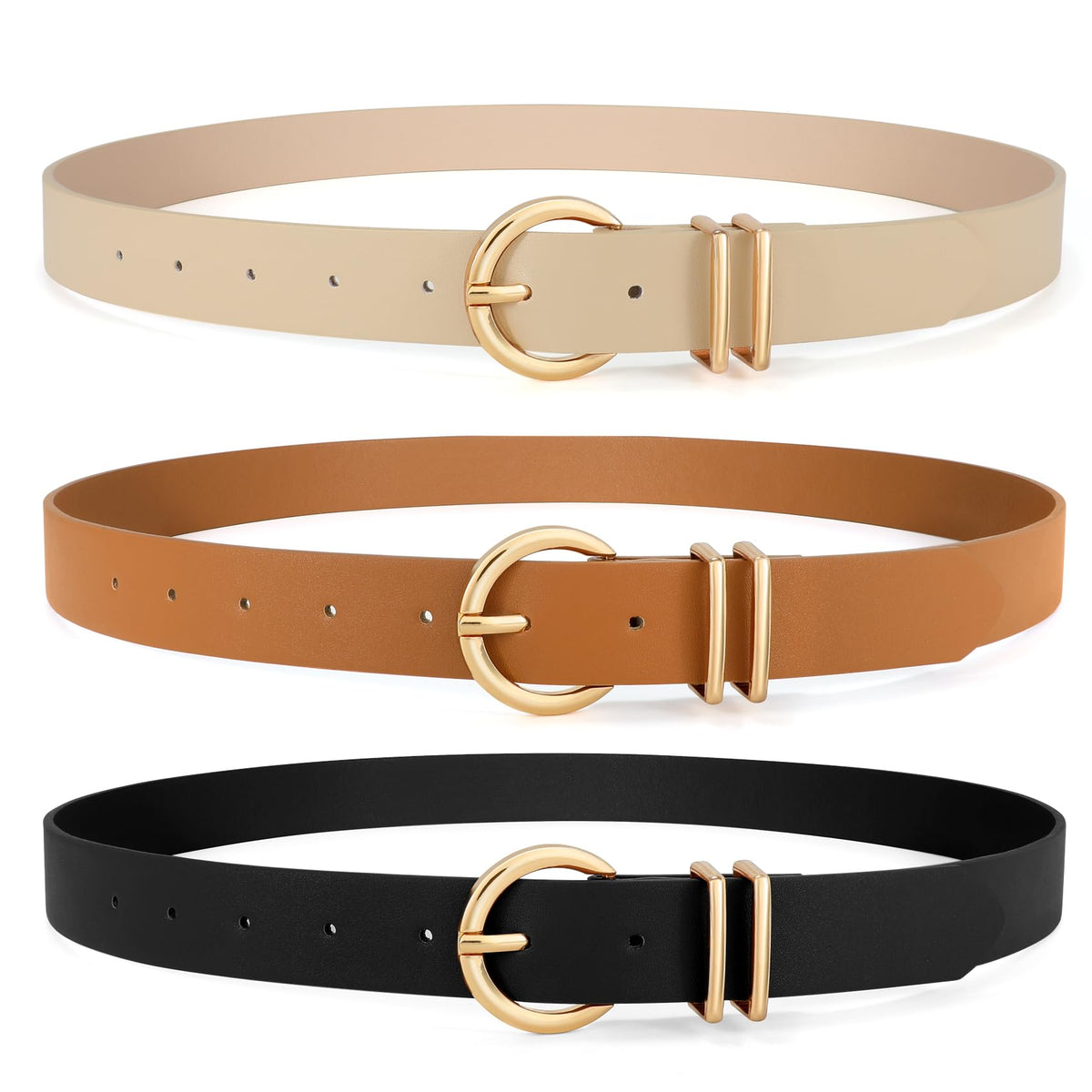 VONMELLI 3 Pack Women's Belts for Jeans Dresses Leather Belts for Women Ladies Waist Belt with Gold Buckle, Black Brown Beige M