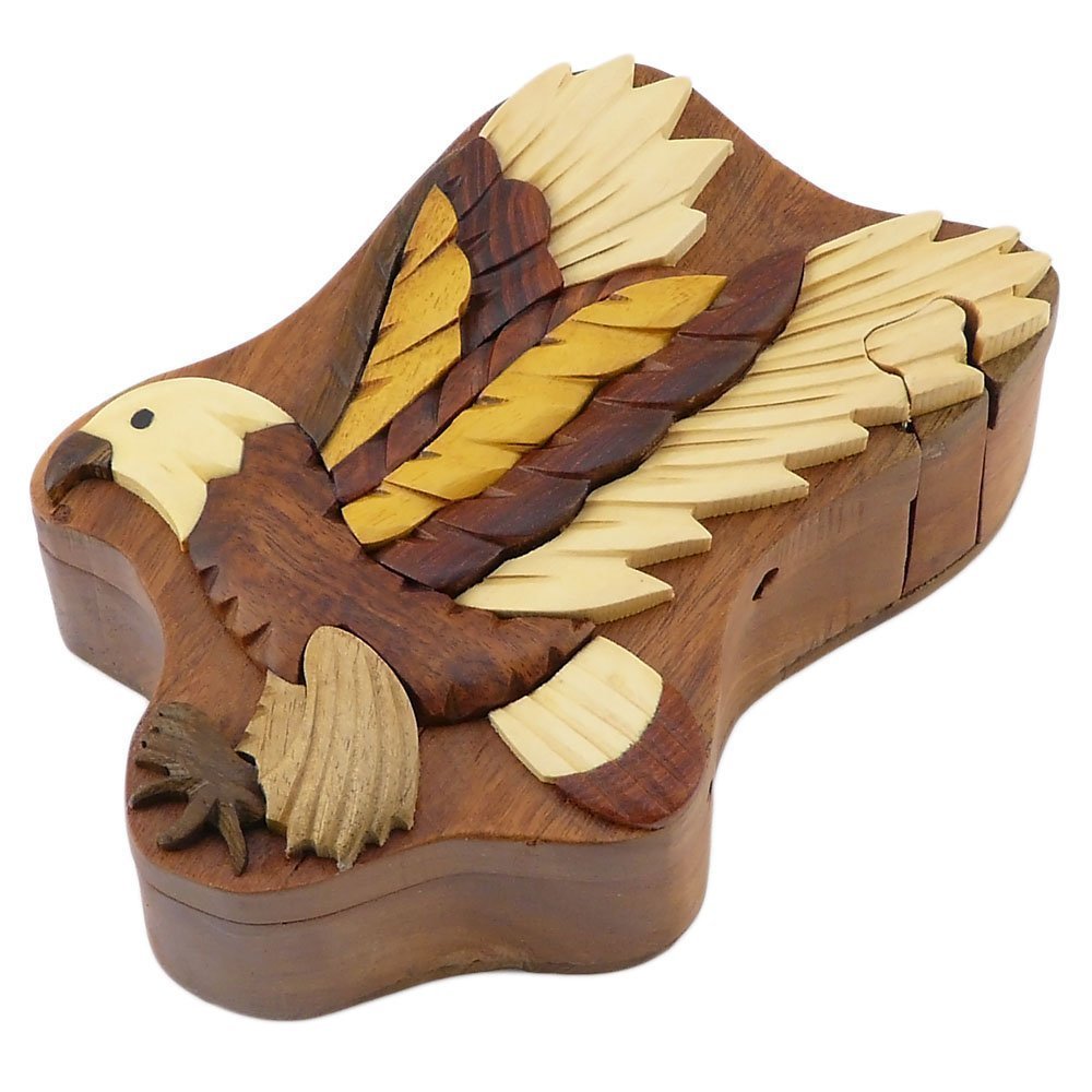 Flying Eagle - Natural Wood Intarsia Puzzle Box - Handcrafted with Secret Compartment