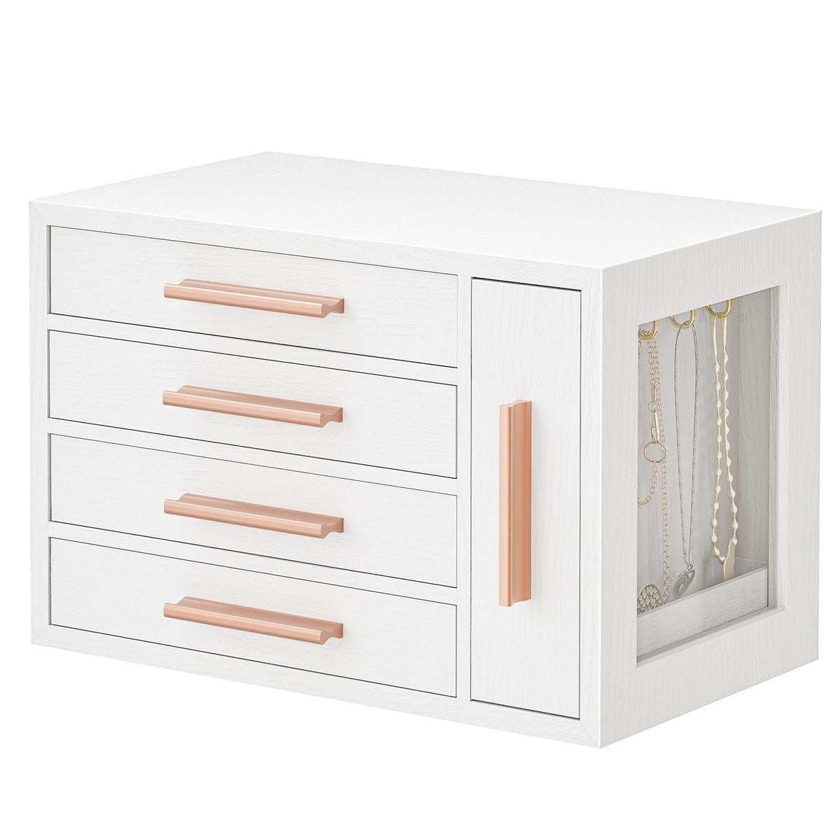 HOOBRO Jewelry Box for Women, Wooden Jewelry Organizer with Transparent Window, 4-Layer Jewelry Organizer Box, Jewelry Holder Organizer for Earrings, Necklaces, Rings, White and Gold WD09JB04