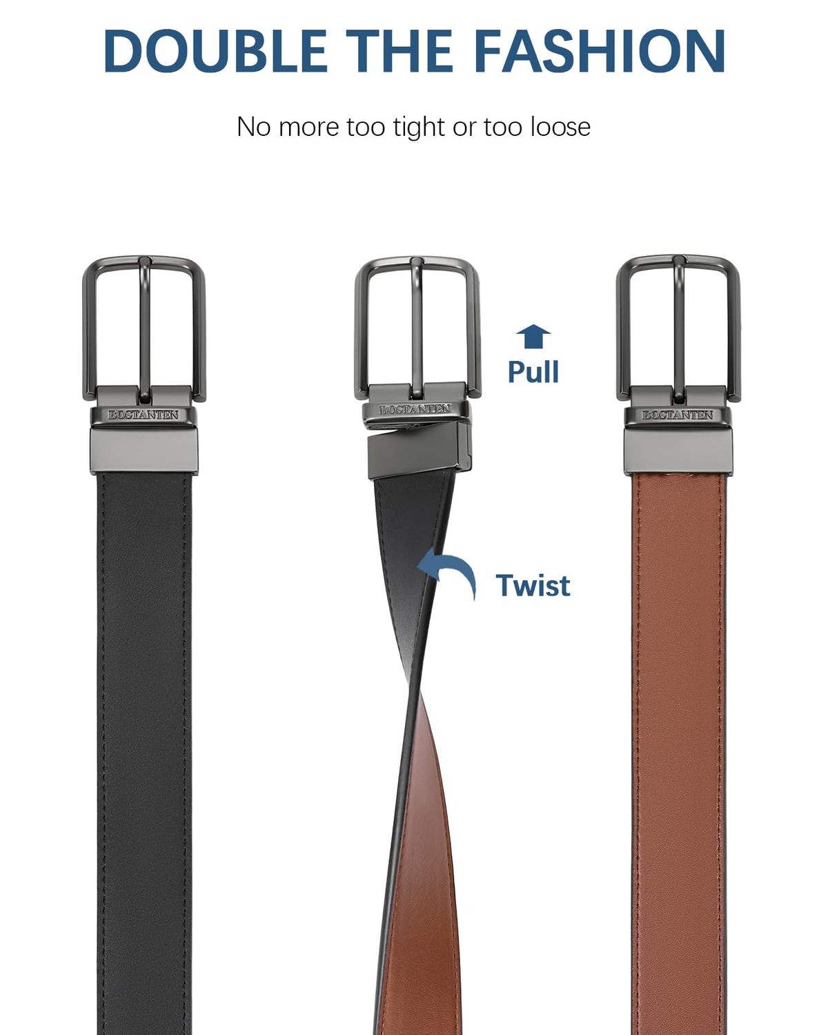 BOSTANTEN Belt Men Leather Reversible Belts for Men 1 3/8" for Casual Golf Dress Pants, Two-in-One Belt Gift