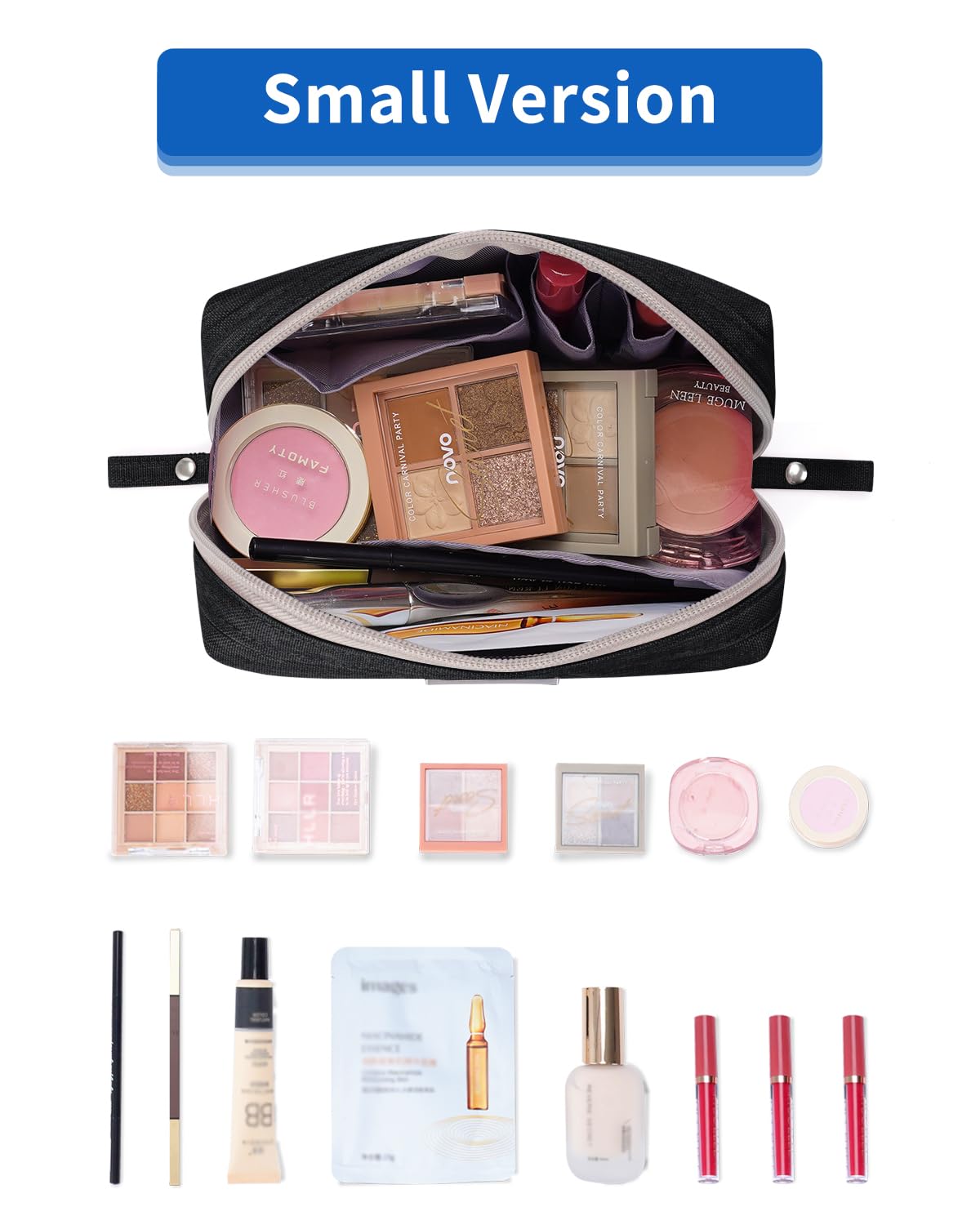 Narwey Small Makeup Bag for Purse Mini Cosmetic Bag Travel Makeup Pouch Zipper Pouch Cute Make up Bags with Compartments for Women (Small, Black)