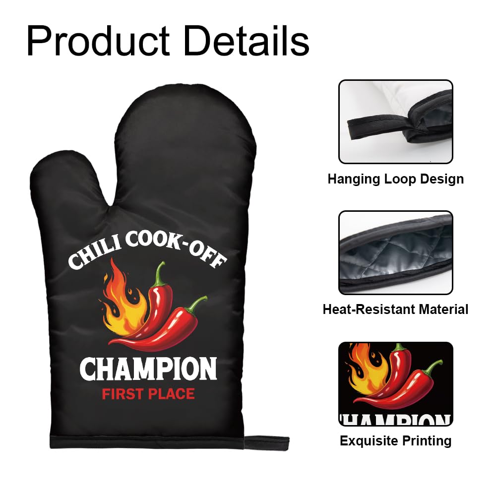 DYJYBMY Chili Cook-Off Champion First Place Funny Oven Mitts and Pot Holder Set for Baking Cooking, Chili Champion Gifts, Perfect Cooking Housewarming Baking Gifts for Women Men Dad Friend