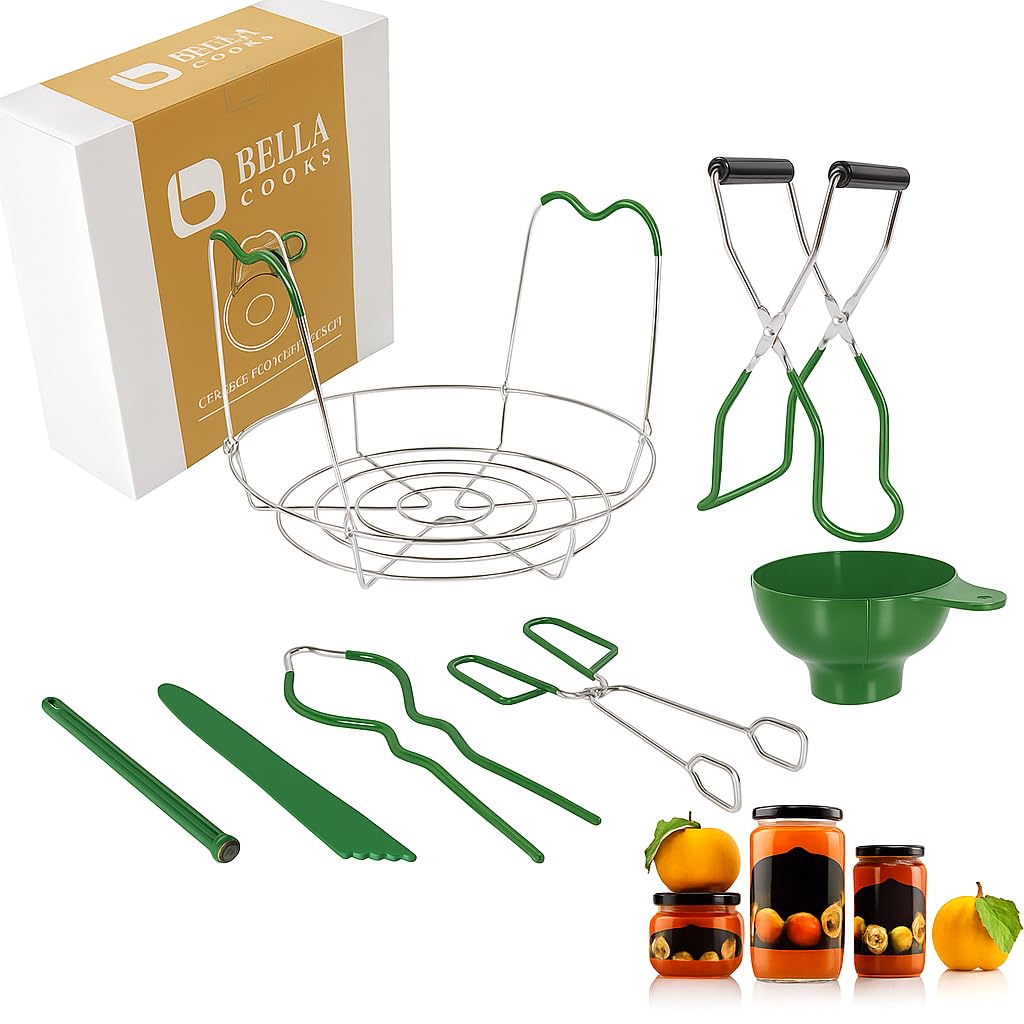 𝐁𝐞𝐥𝐥𝐚 𝐂𝐨𝐨𝐤𝐬 Canning Supplies 7 in 1 – Canning Starter Kit with Funnel, Rack, Jar Lifter, Tongs, Wrench & More Essential Canning Equipment for Water Bath & Pressure Canners