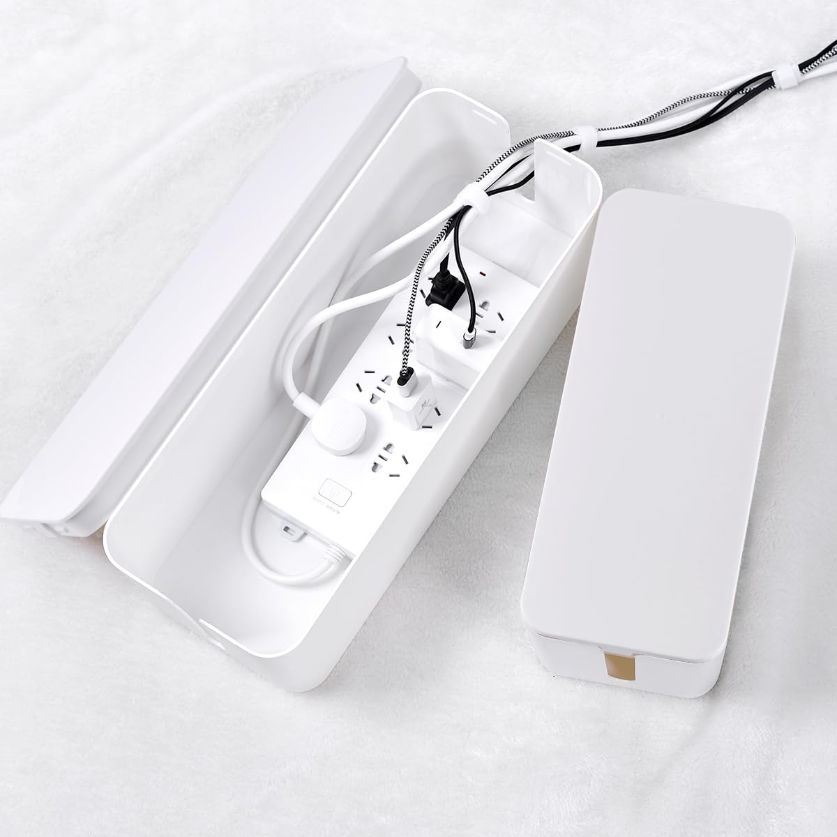 Cable Management Box, 2 Pack Large & Medium Cable Organizer Box with 17 PCS Cable Management Set, Cord Organizer Box to Hide Surge Protector on Desk or Floor (White)