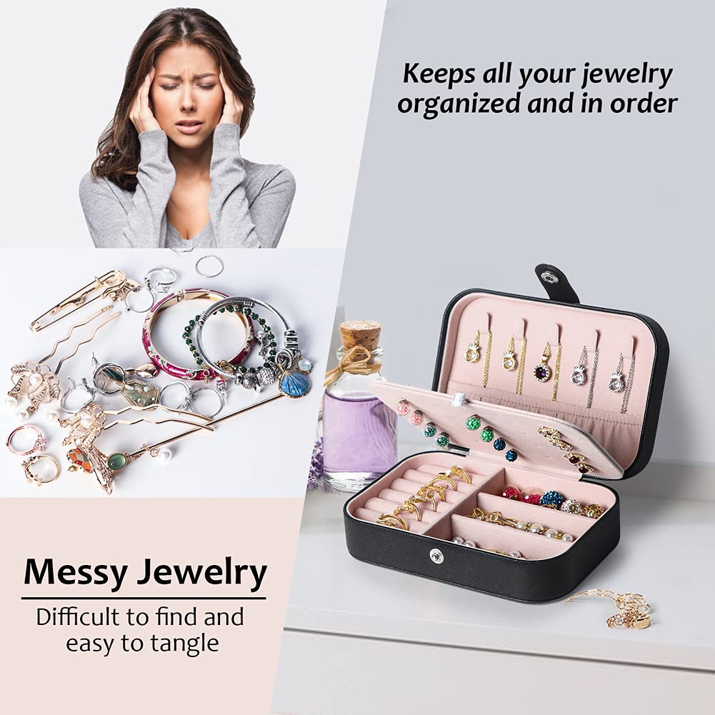 Hatori Travel Jewelry Box, PU Leather Small Jewelry Organizer for Women Girls, Portable Mini Travel Case Display Storage Holder Boxes for Stud Earrings, Rings, Necklaces, Bracelets (Black Beige)