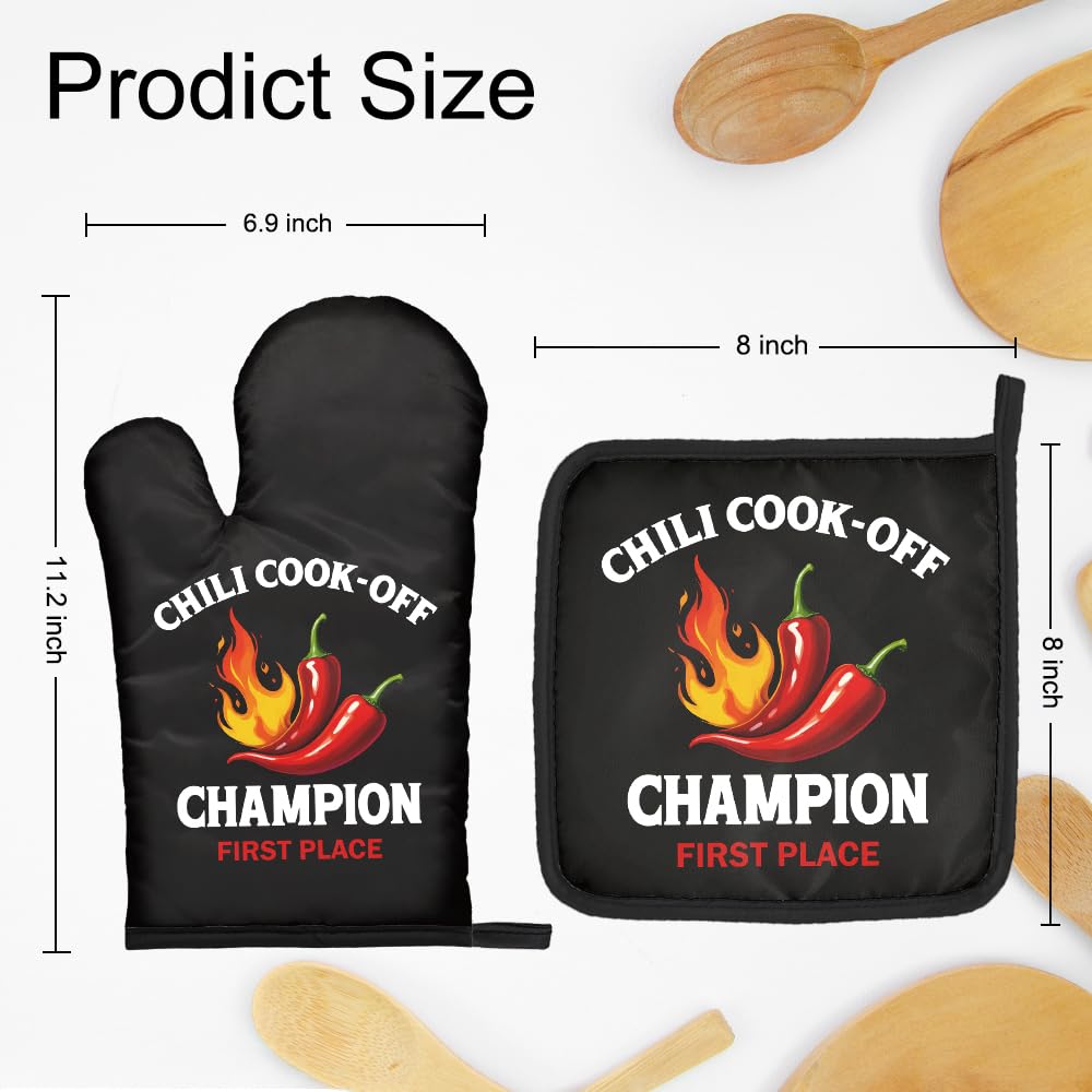 DYJYBMY Chili Cook-Off Champion First Place Funny Oven Mitts and Pot Holder Set for Baking Cooking, Chili Champion Gifts, Perfect Cooking Housewarming Baking Gifts for Women Men Dad Friend