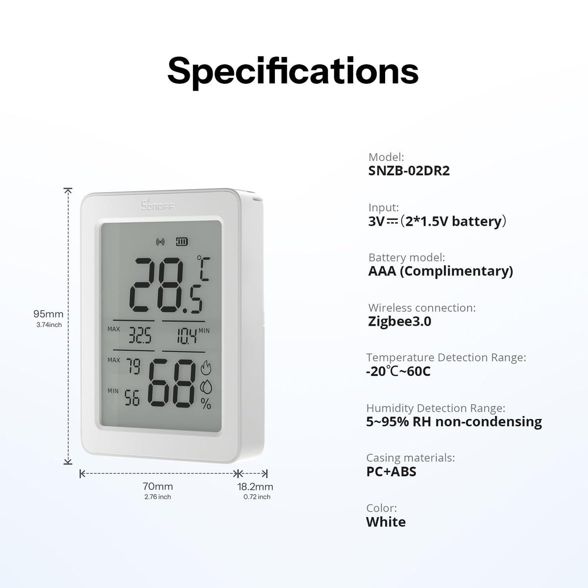 SONOFF AirGuard TH, Indoor Smart Zigbee Temperature and Humidity Sensor, 3.6'' LCD Display, App Monitoring with Charts, Notification Alerts, Data Export, Remote Data Display