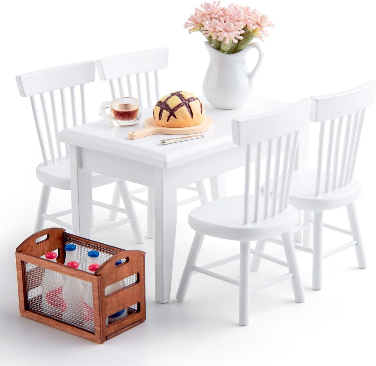 Minamzee 1/12 Dollhouse Table Chair Set, 17pcs Wooden Miniature Kitchen Furniture Set with Breakfast Accessories for Dining Room