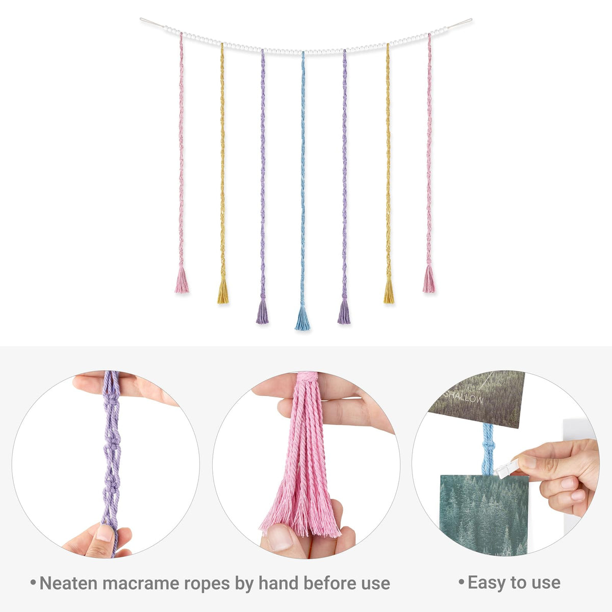 Mkono Macrame Hanging Photo Display Wall Decor with String Lights, Boho Wooden Beads Garland Collage Picture Card Frame Holder with 45 Clips for Bedroom Living Room Dorm, Teen Girls Christmas Gifts