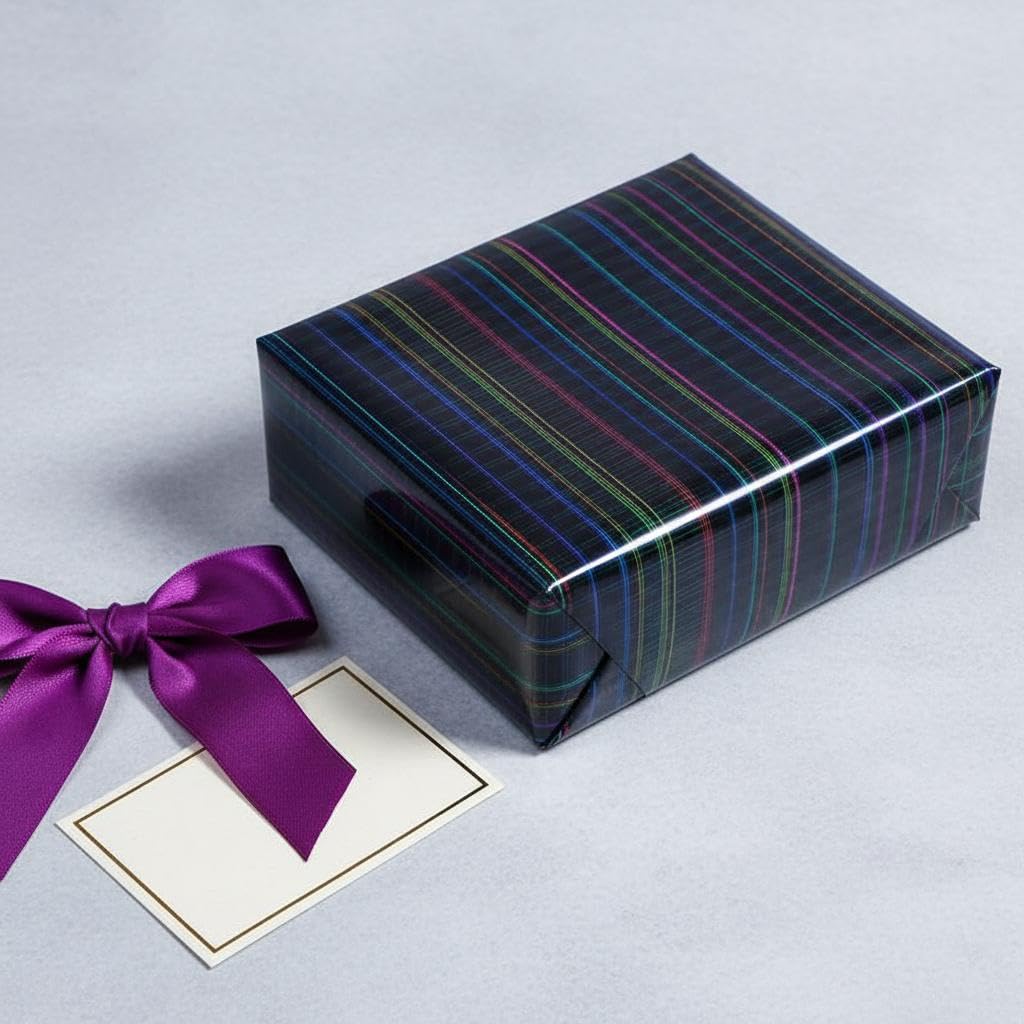 komforbaa Black Gift Wrapping Paper, Metallic Iridescent Holographic Gift Wrap with Rainbow Grid Design, for Birthday, Graduation, Holiday, Party, Wedding, Father's Day, 17InX 33 Ft (43cm×10m)
