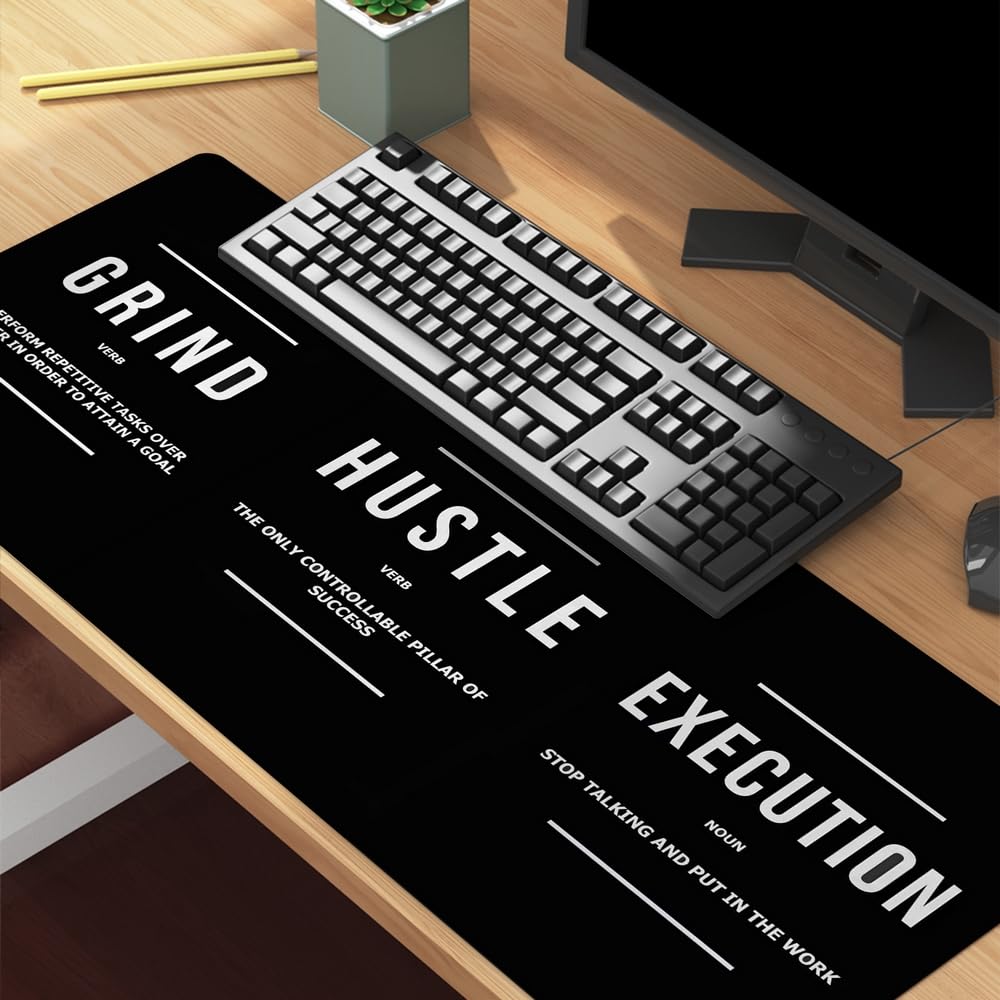 Reateforin Motivational Office Long Mouse Pad Desk Pad Big Mouse Mat Inspirational Black Keyboard Hustle Desktop Entrepreneur Quote Mousepad for Mens Teens Gifts Daily Reminder 31.5"x15.7"