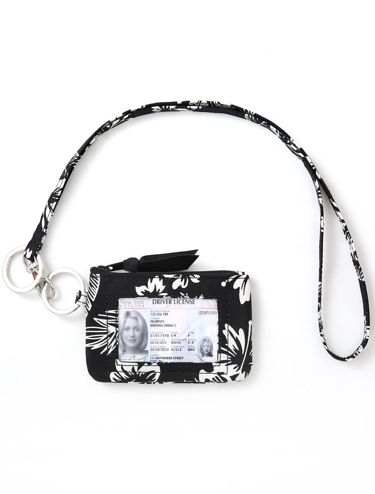 WONDERFUL FLOWER Lanyard Wallet for Women, ID Card Holder, Lanyards for ID Badges, Floral Zip ID Case Keychain Small Coin Purse Cards, Cash, Work, Travel, Cruise, Teachers, Students, Kids, Black White